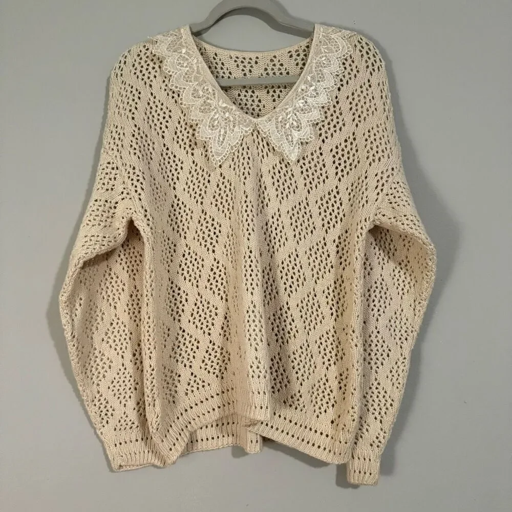 Unbranded Cozy Cream Lace Collar Diamond Knit Granny Sweater XL